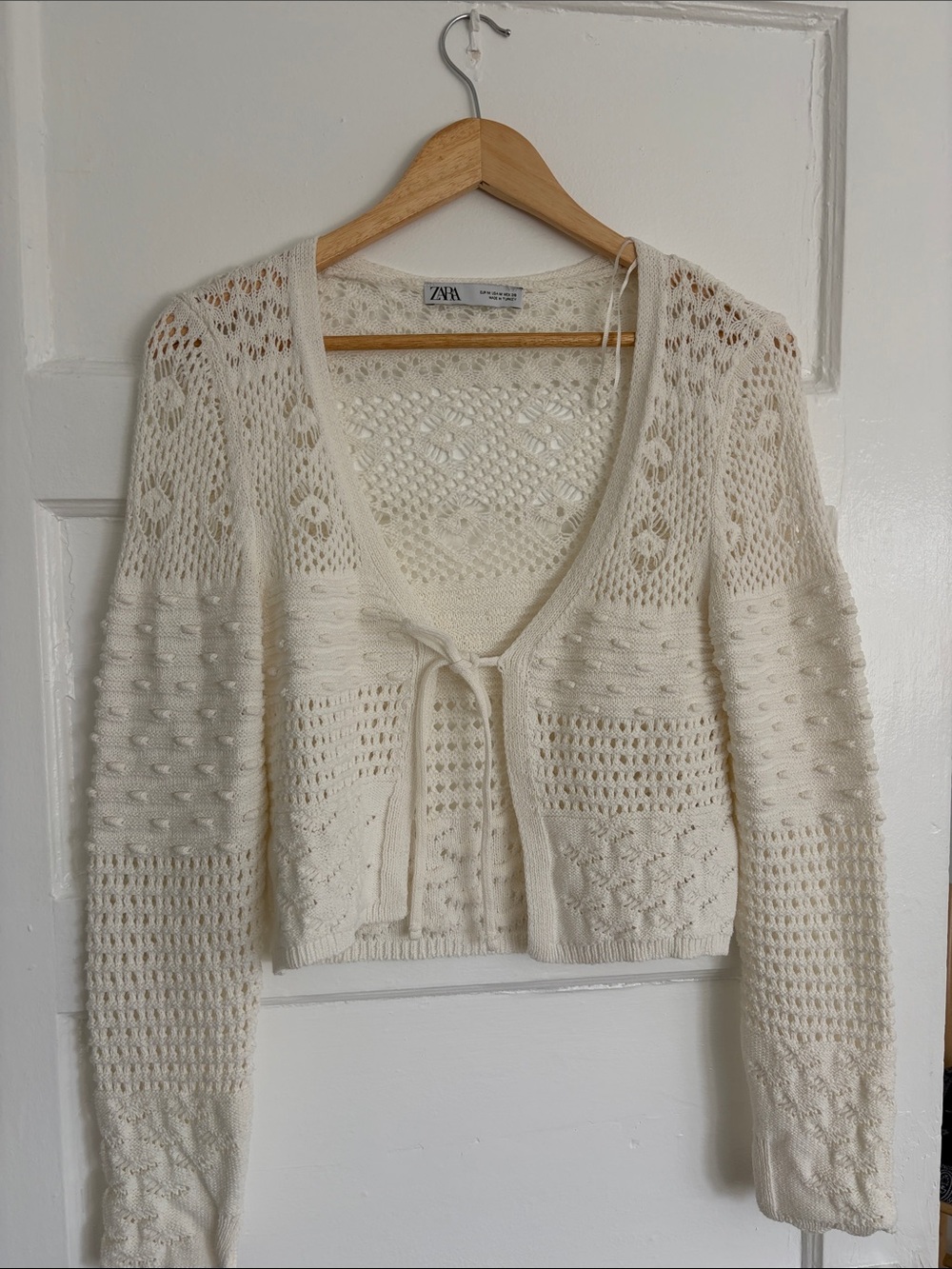 Zara Cream Open-Knit Tie-Front Cropped Cardigan